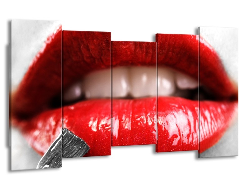 Glasschilderij Lippen, Vrouw | Grijs, Rood | 150x80cm 5Luik