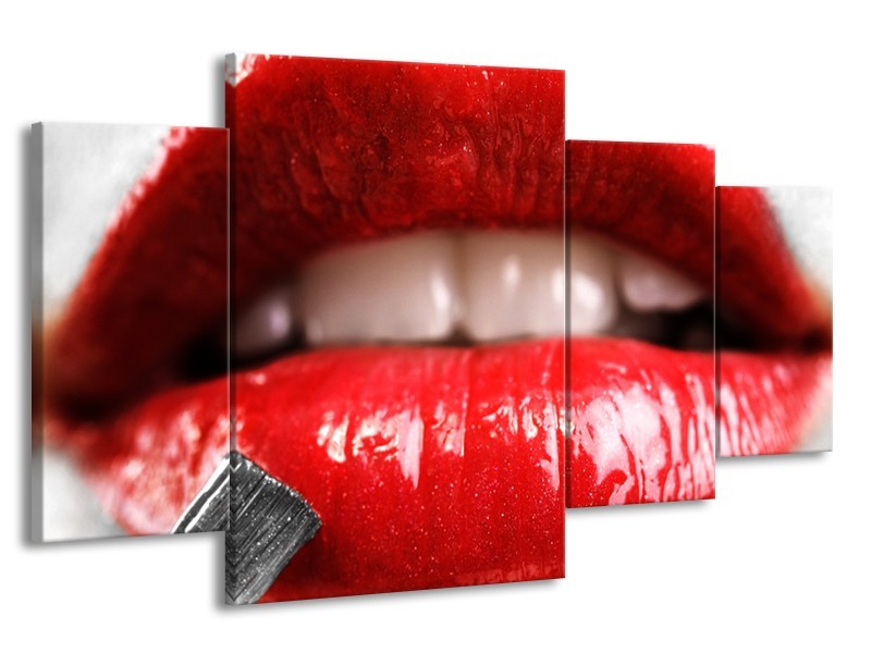 Glasschilderij Lippen, Vrouw | Grijs, Rood | 160x90cm 4Luik