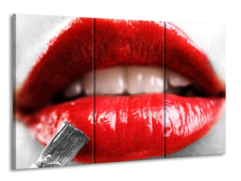 Canvas Schilderij Lippen, Vrouw | Grijs, Rood | 165x100cm 3Luik