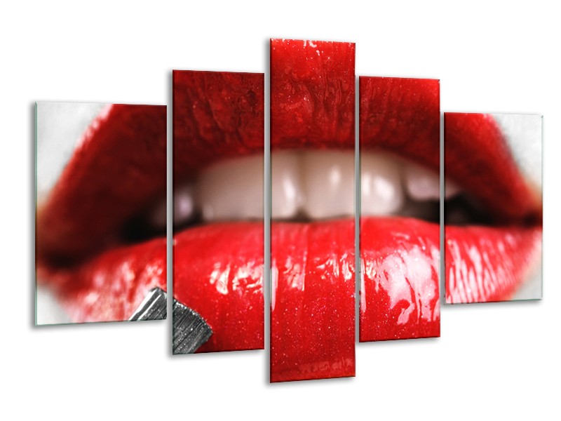 Canvas Schilderij Lippen, Vrouw | Grijs, Rood | 170x100cm 5Luik
