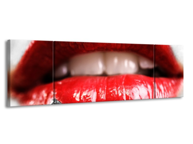 Canvas Schilderij Lippen, Vrouw | Grijs, Rood | 170x50cm 3Luik
