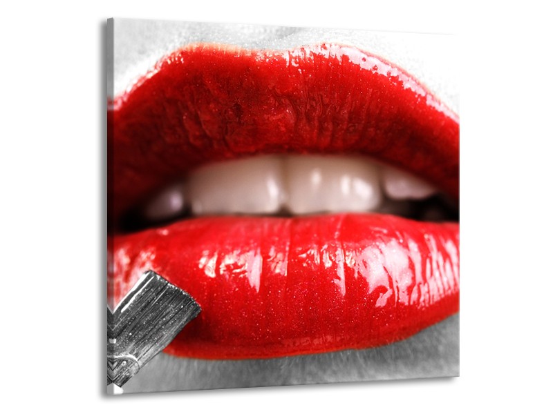 Glasschilderij Lippen, Vrouw | Grijs, Rood | 50x50cm 1Luik
