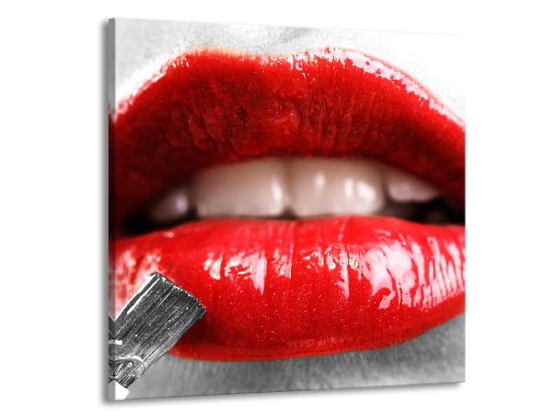 Canvas Schilderij Lippen, Vrouw | Grijs, Rood | 70x70cm 1Luik