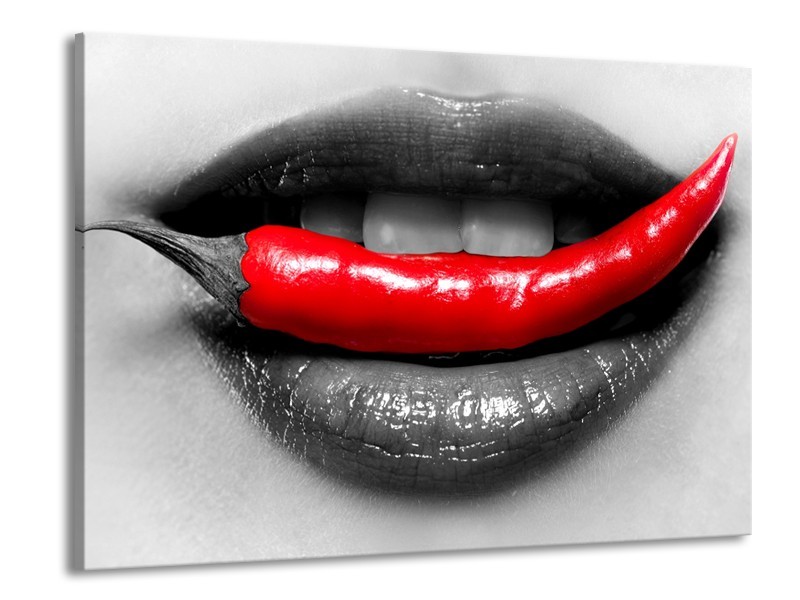 Canvas Schilderij Lippen, Vrouw | Grijs, Rood | 100x70cm 1Luik
