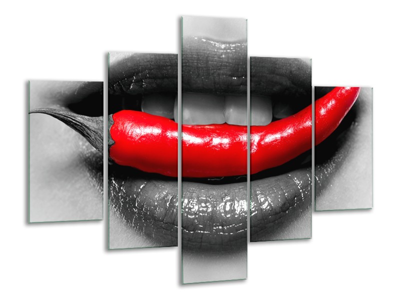 Canvas Schilderij Lippen, Vrouw | Grijs, Rood | 100x70cm 5Luik