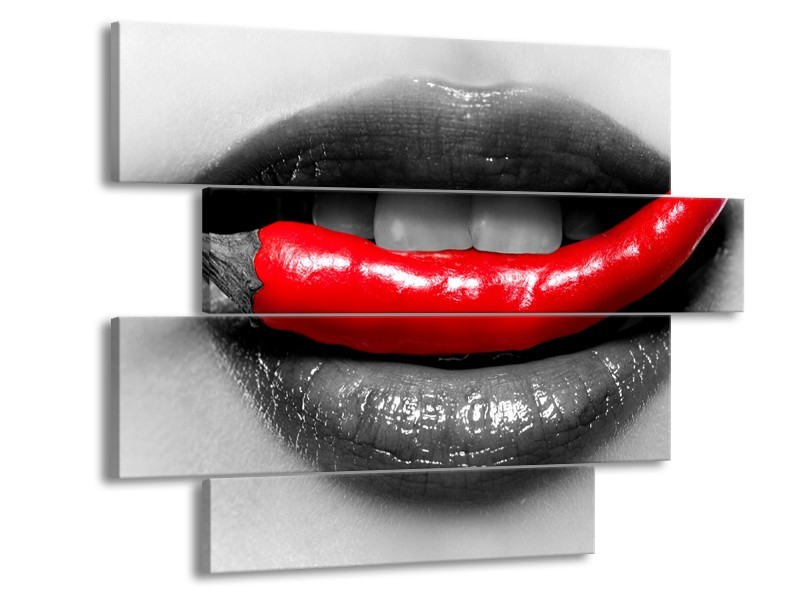 Canvas Schilderij Lippen, Vrouw | Grijs, Rood | 115x85cm 4Luik