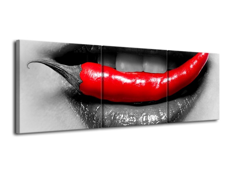 Canvas Schilderij Lippen, Vrouw | Grijs, Rood | 120x40cm 3Luik