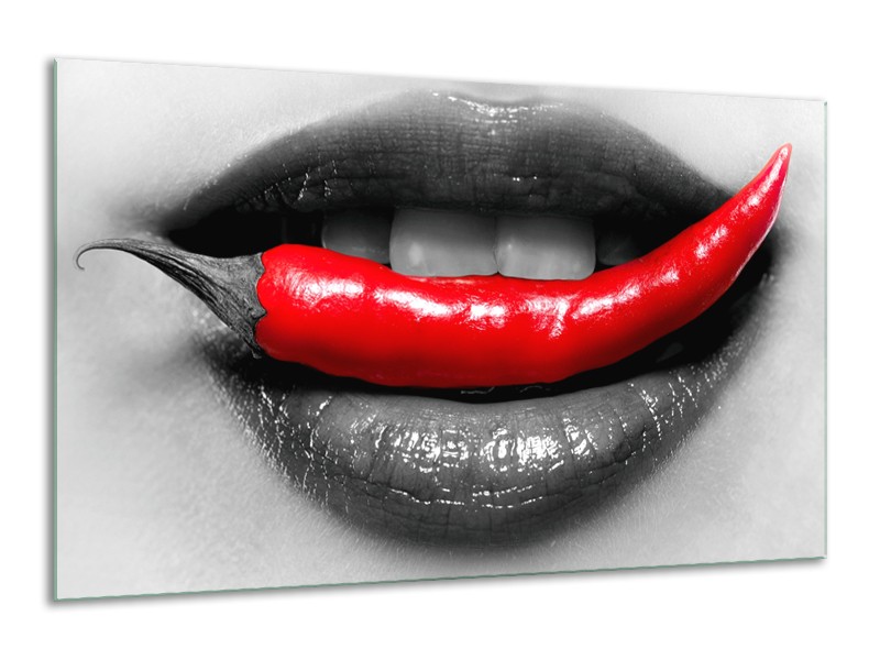 Glasschilderij Lippen, Vrouw | Grijs, Rood | 120x70cm 1Luik