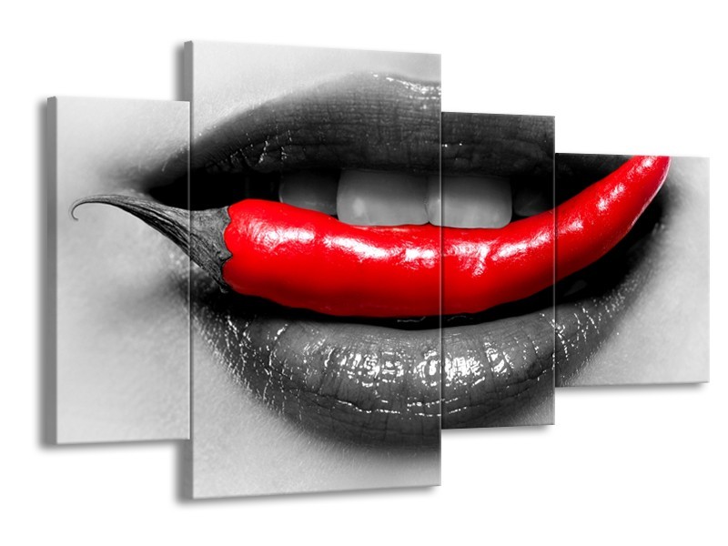 Canvas Schilderij Lippen, Vrouw | Grijs, Rood | 120x75cm 4Luik