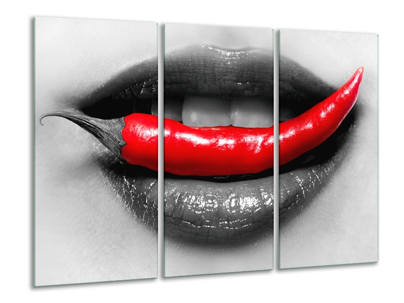 Glasschilderij Lippen, Vrouw | Grijs, Rood | 120x80cm 3Luik