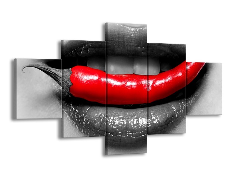 Canvas Schilderij Lippen, Vrouw | Grijs, Rood | 125x70cm 5Luik