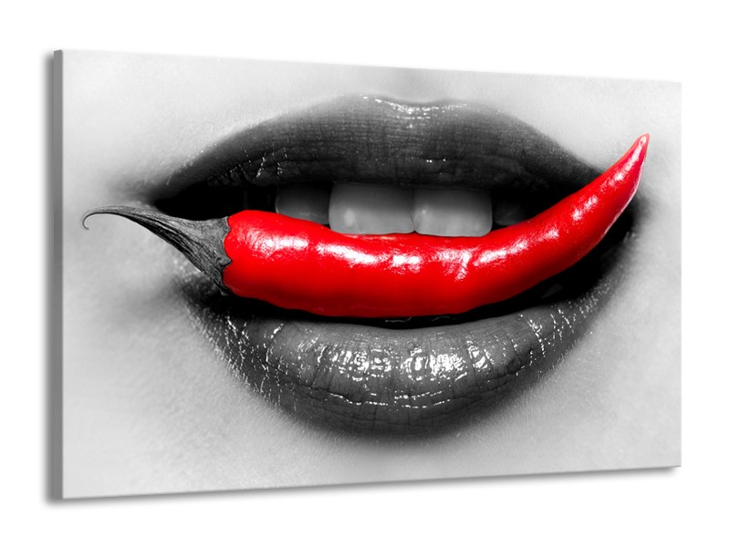 Glasschilderij Lippen, Vrouw | Grijs, Rood | 140x90cm 1Luik
