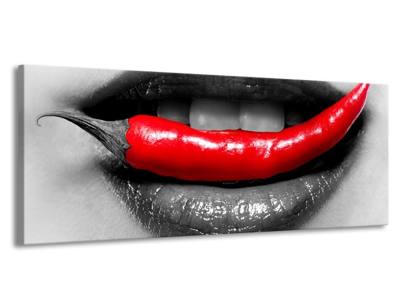 Canvas Schilderij Lippen, Vrouw | Grijs, Rood | 145x58cm 1Luik