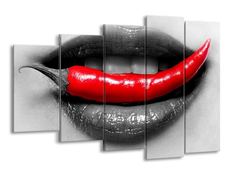 Canvas Schilderij Lippen, Vrouw | Grijs, Rood | 150x100cm 5Luik