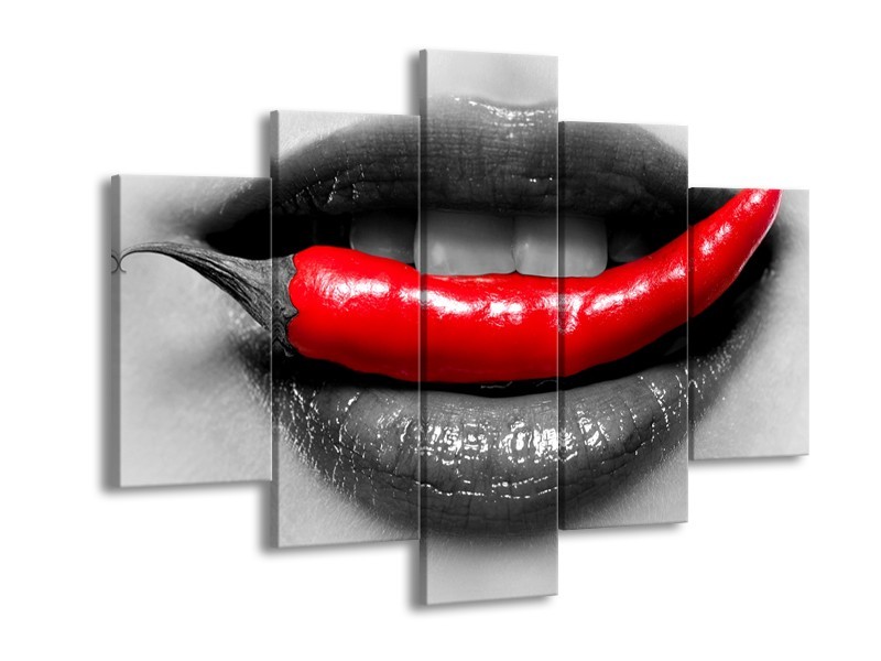 Canvas Schilderij Lippen, Vrouw | Grijs, Rood | 150x105cm 5Luik