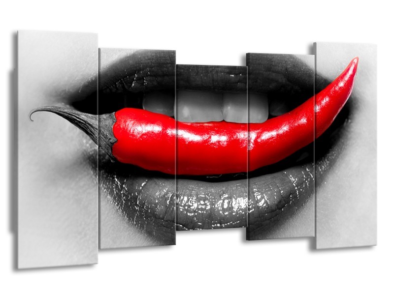 Canvas Schilderij Lippen, Vrouw | Grijs, Rood | 150x80cm 5Luik