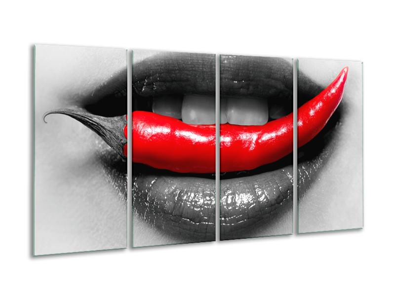 Canvas Schilderij Lippen, Vrouw | Grijs, Rood | 160x80cm 4Luik