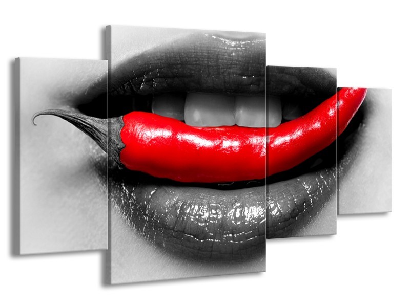 Canvas Schilderij Lippen, Vrouw | Grijs, Rood | 160x90cm 4Luik