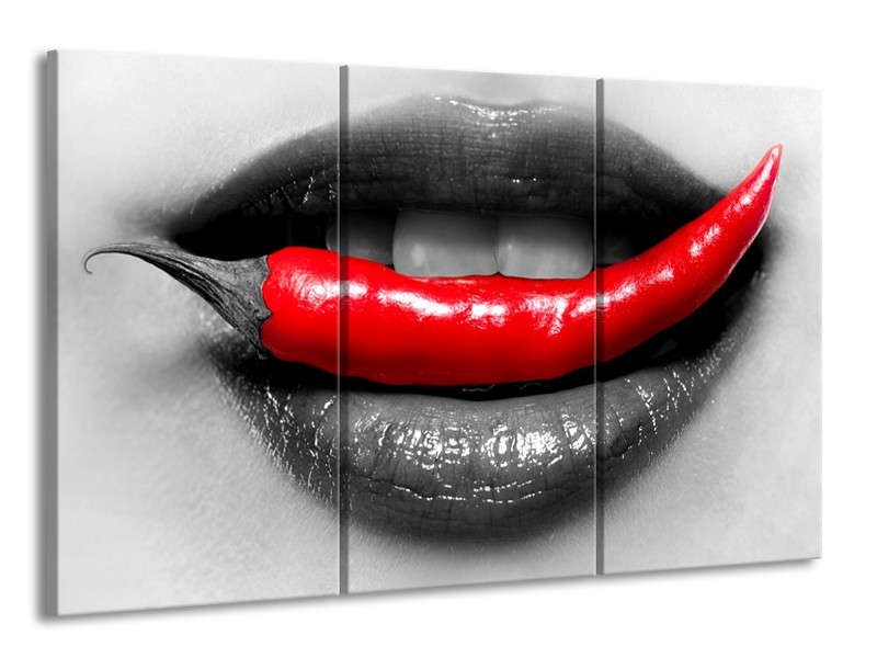 Canvas Schilderij Lippen, Vrouw | Grijs, Rood | 165x100cm 3Luik