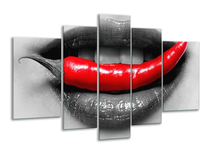 Canvas Schilderij Lippen, Vrouw | Grijs, Rood | 170x100cm 5Luik