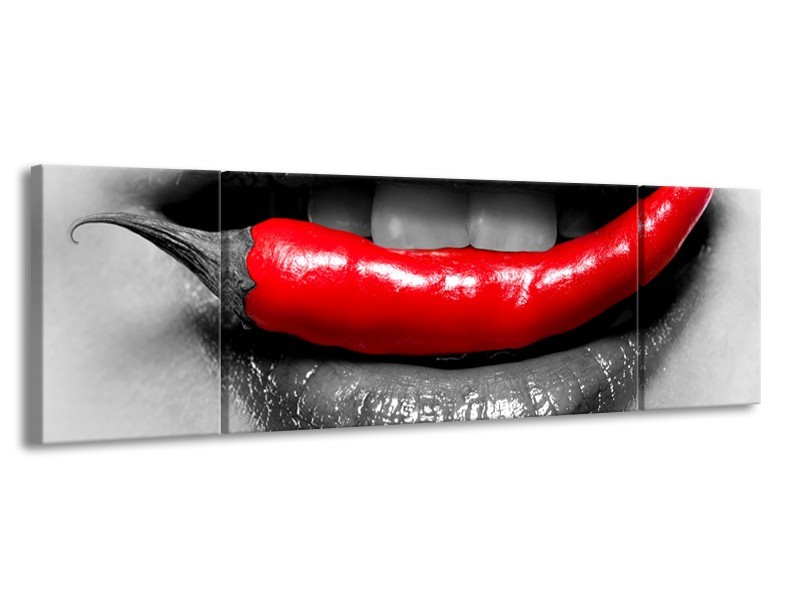 Canvas Schilderij Lippen, Vrouw | Grijs, Rood | 170x50cm 3Luik