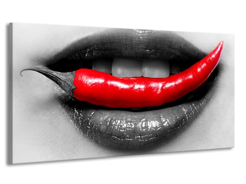 Canvas Schilderij Lippen, Vrouw | Grijs, Rood | 170x90cm 1Luik