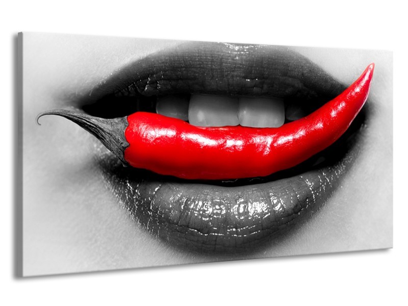 Canvas Schilderij Lippen, Vrouw | Grijs, Rood | 190x100cm 1Luik