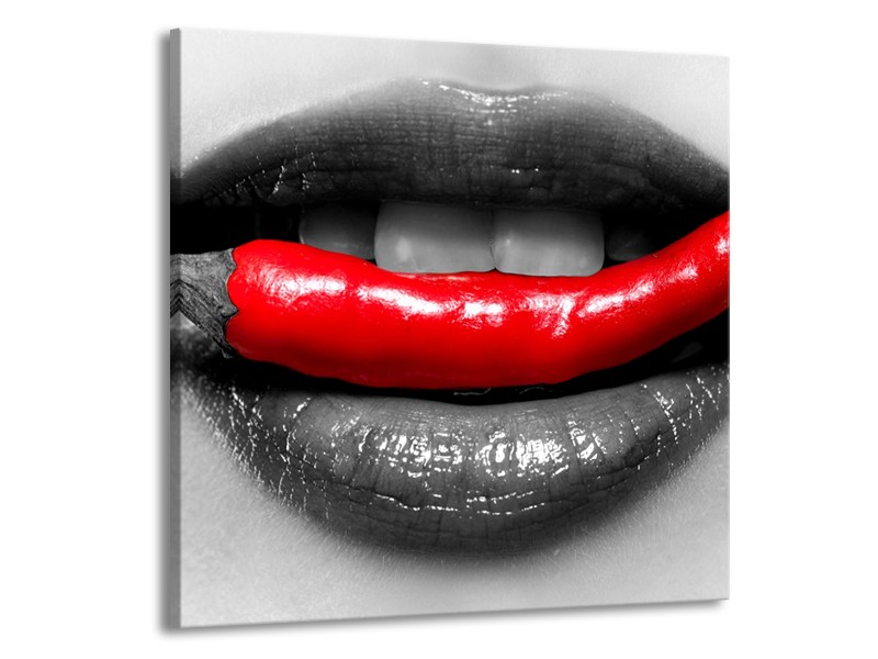 Glasschilderij Lippen, Vrouw | Grijs, Rood | 50x50cm 1Luik