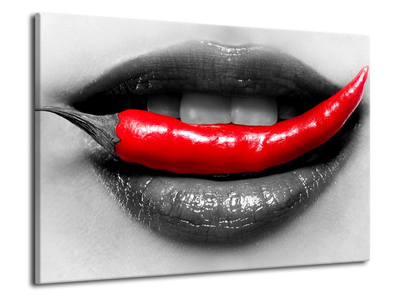 Canvas Schilderij Lippen, Vrouw | Grijs, Rood | 70x50cm 1Luik