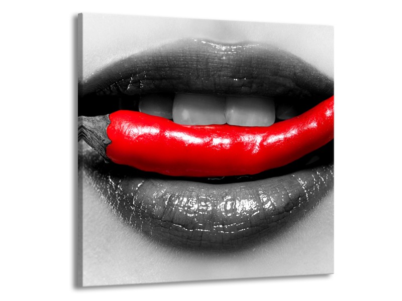 Glasschilderij Lippen, Vrouw | Grijs, Rood | 70x70cm 1Luik