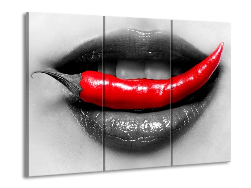 Canvas Schilderij Lippen, Vrouw | Grijs, Rood | 60x90cm 3Luik