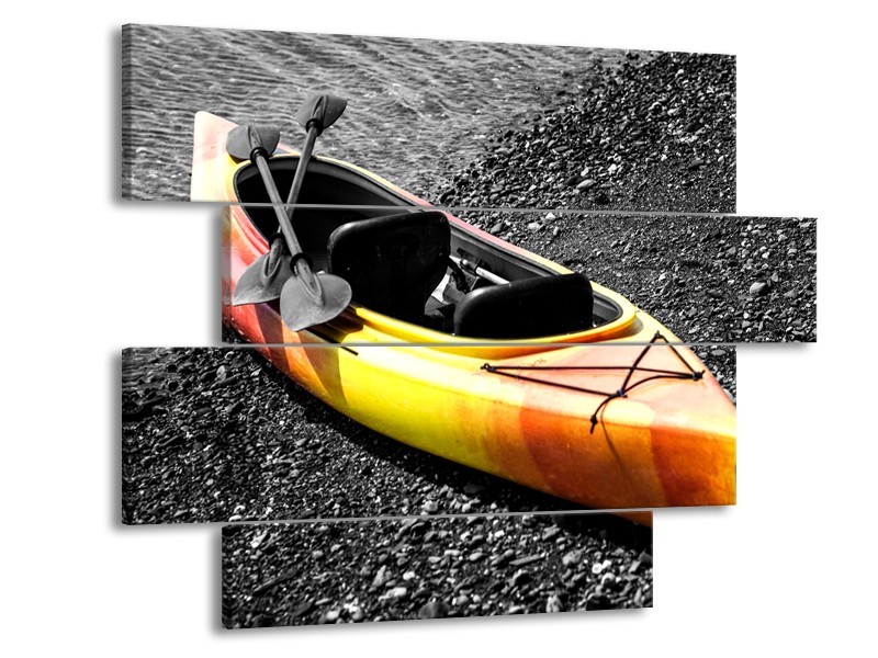 Glasschilderij Kayak, Sport | Grijs, Geel, Oranje | 115x85cm 4Luik