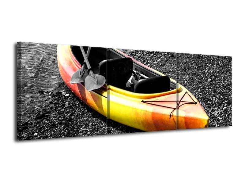 Glasschilderij Kayak, Sport | Grijs, Geel, Oranje | 120x40cm 3Luik