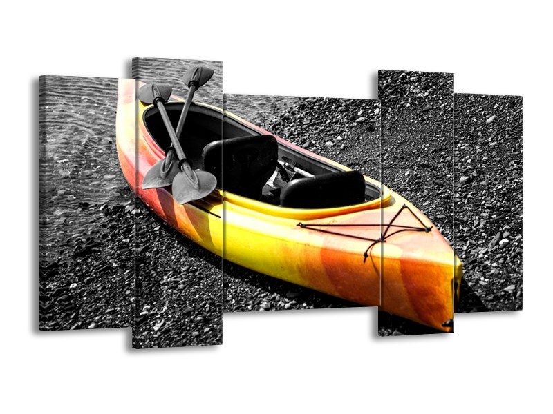 Glasschilderij Kayak, Sport | Grijs, Geel, Oranje | 120x65cm 5Luik