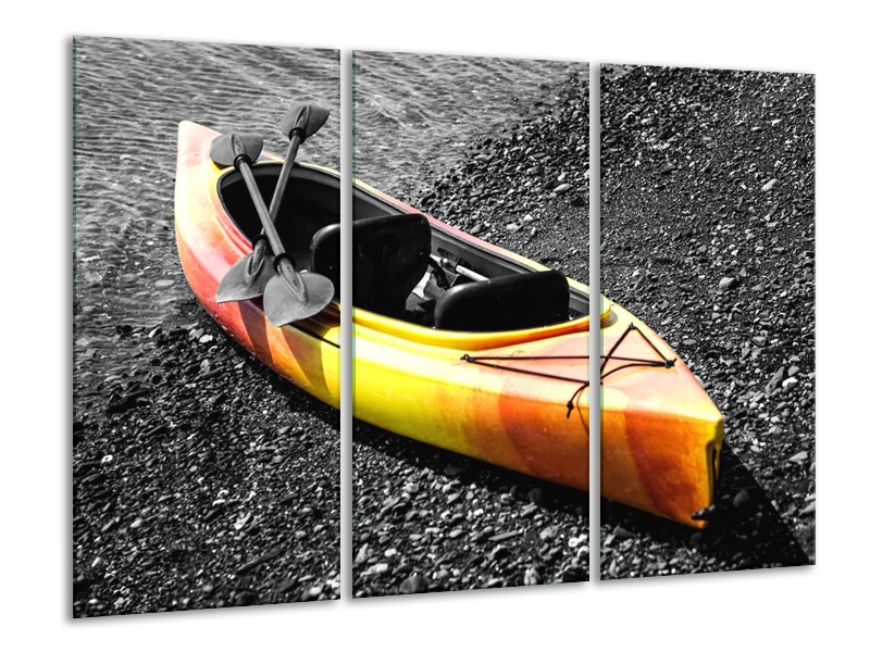 Glasschilderij Kayak, Sport | Grijs, Geel, Oranje | 120x80cm 3Luik