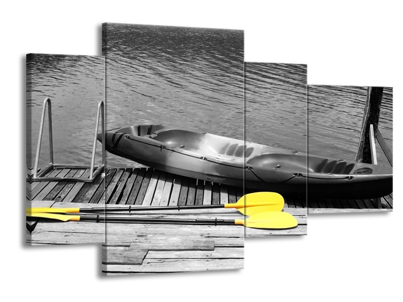 Canvas Schilderij Boot, Water | Zwart, Wit, Geel | 120x75cm 4Luik