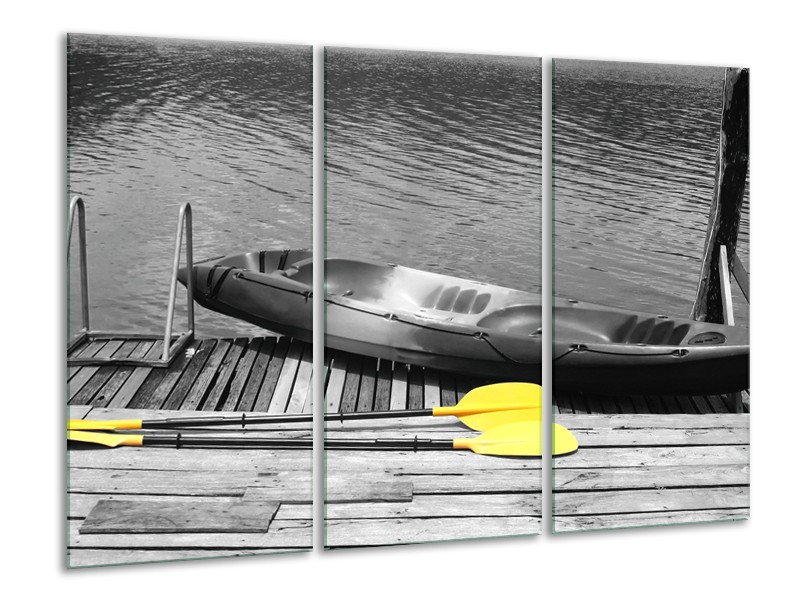 Glasschilderij Boot, Water | Zwart, Wit, Geel | 120x80cm 3Luik