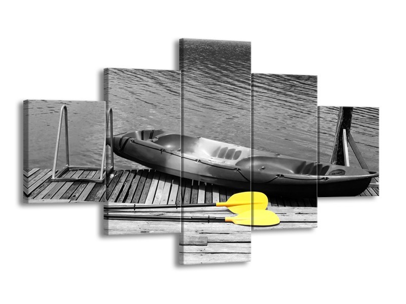Glasschilderij Boot, Water | Zwart, Wit, Geel | 125x70cm 5Luik