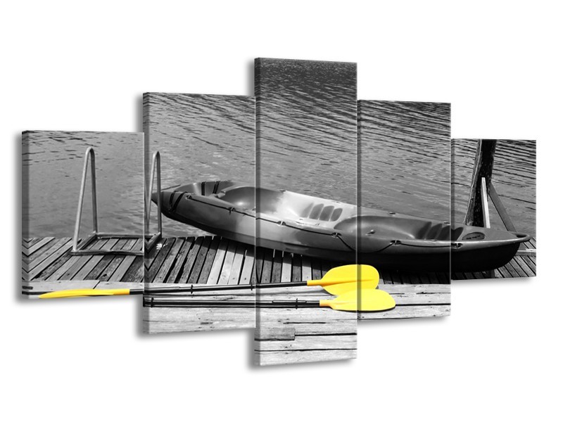 Canvas Schilderij Boot, Water | Zwart, Wit, Geel | 150x80cm 5Luik