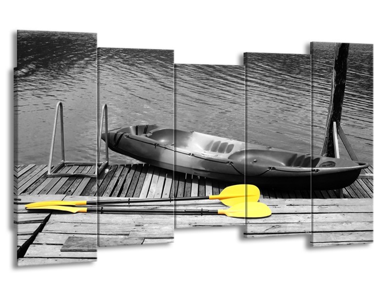 Canvas Schilderij Boot, Water | Zwart, Wit, Geel | 150x80cm 5Luik