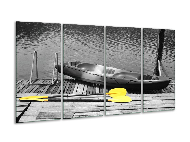 Canvas Schilderij Boot, Water | Zwart, Wit, Geel | 160x80cm 4Luik