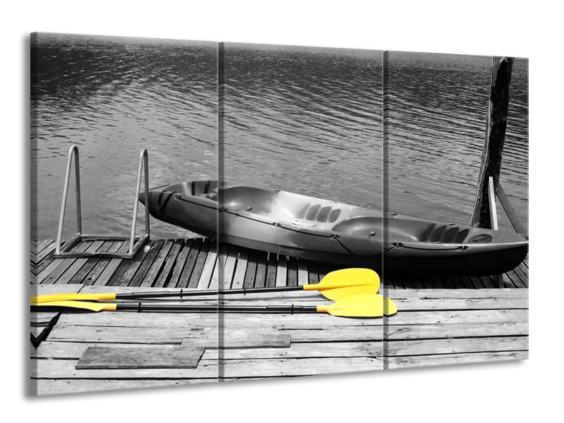 Glasschilderij Boot, Water | Zwart, Wit, Geel | 165x100cm 3Luik