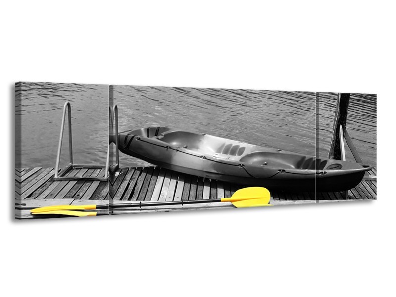 Glasschilderij Boot, Water | Zwart, Wit, Geel | 170x50cm 3Luik