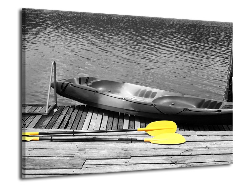 Glasschilderij Boot, Water | Zwart, Wit, Geel | 70x50cm 1Luik