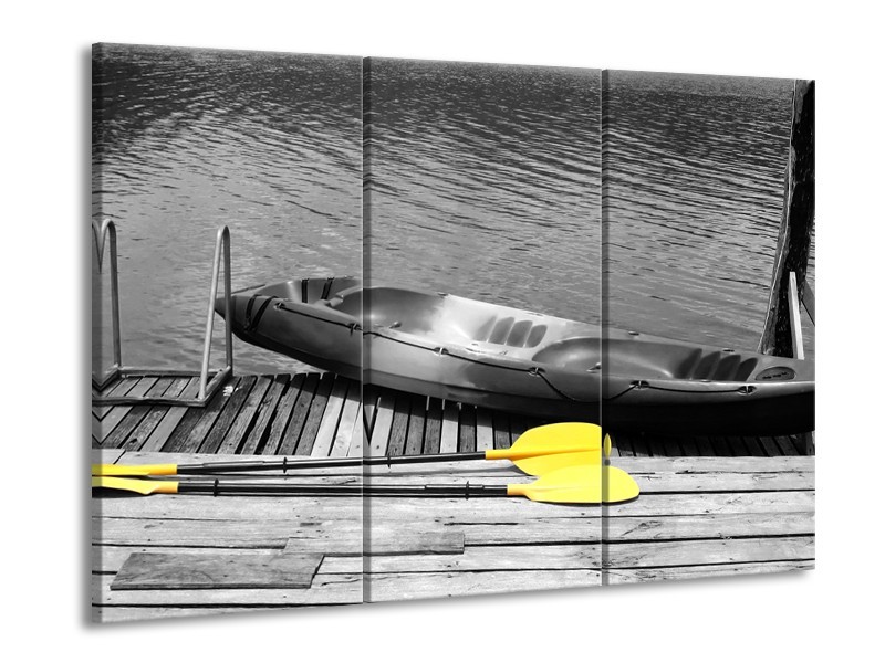 Glasschilderij Boot, Water | Zwart, Wit, Geel | 60x90cm 3Luik