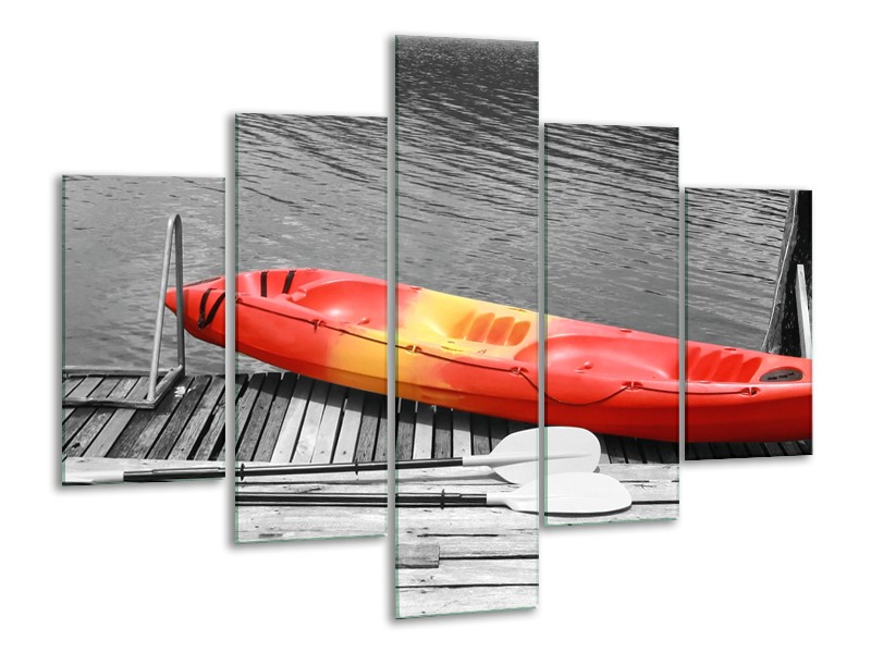 Glasschilderij Boot, Water | Zwart, Wit, Rood | 100x70cm 5Luik