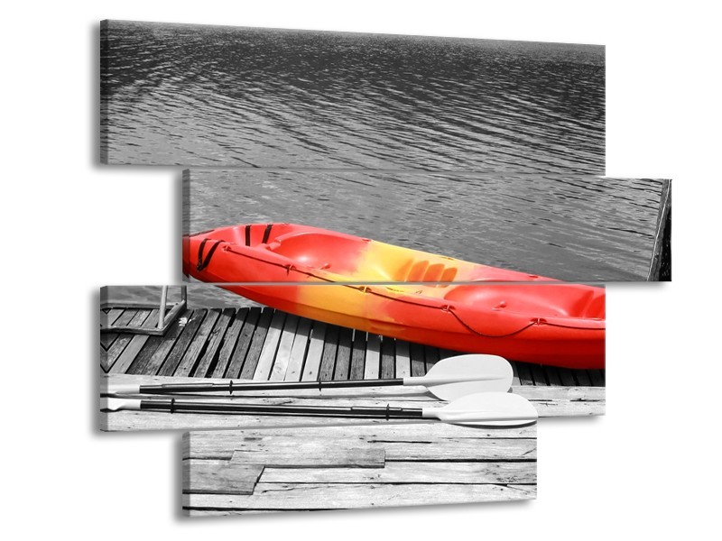 Canvas Schilderij Boot, Water | Zwart, Wit, Rood | 115x85cm 4Luik