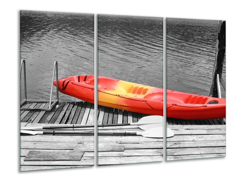 Glasschilderij Boot, Water | Zwart, Wit, Rood | 120x80cm 3Luik