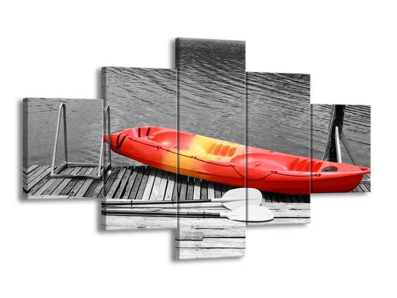 Glasschilderij Boot, Water | Zwart, Wit, Rood | 125x70cm 5Luik