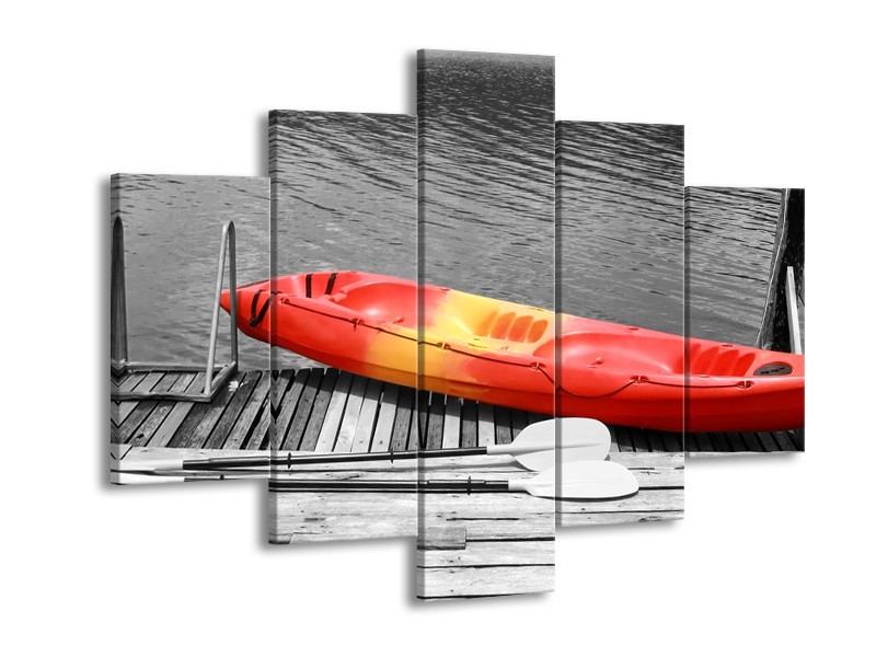 Canvas Schilderij Boot, Water | Zwart, Wit, Rood | 150x105cm 5Luik